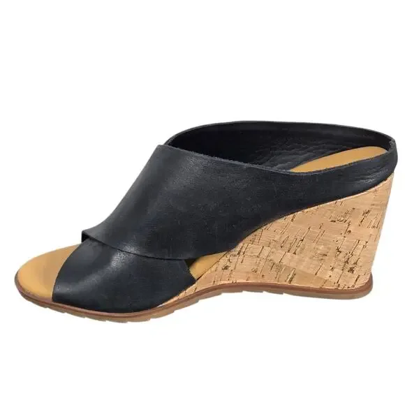Korks Violetta Wedge Sandals Womens 7 Black Leather Criss Cross Comfy Vacation - Picture 4 of 11
